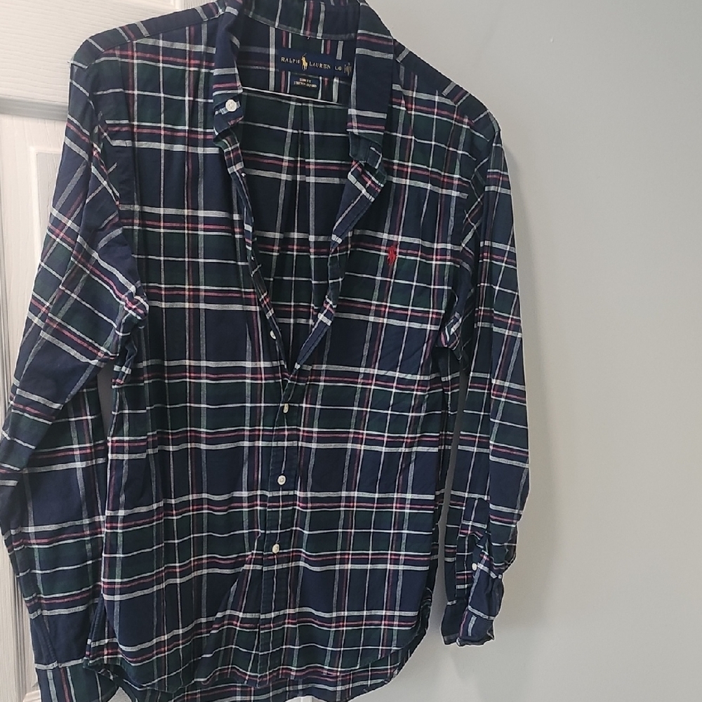 Ralph Lauren Blue and Green Casual Button  Down Plade  Shirt